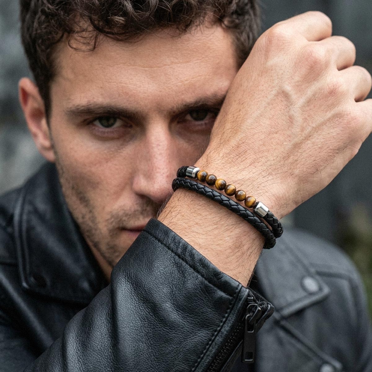 Personalized Tiger Eye Leather Bracelet with Engraved Name birthday gift