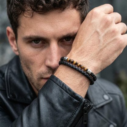 Personalized Tiger Eye Leather Bracelet with Engraved Name birthday gift