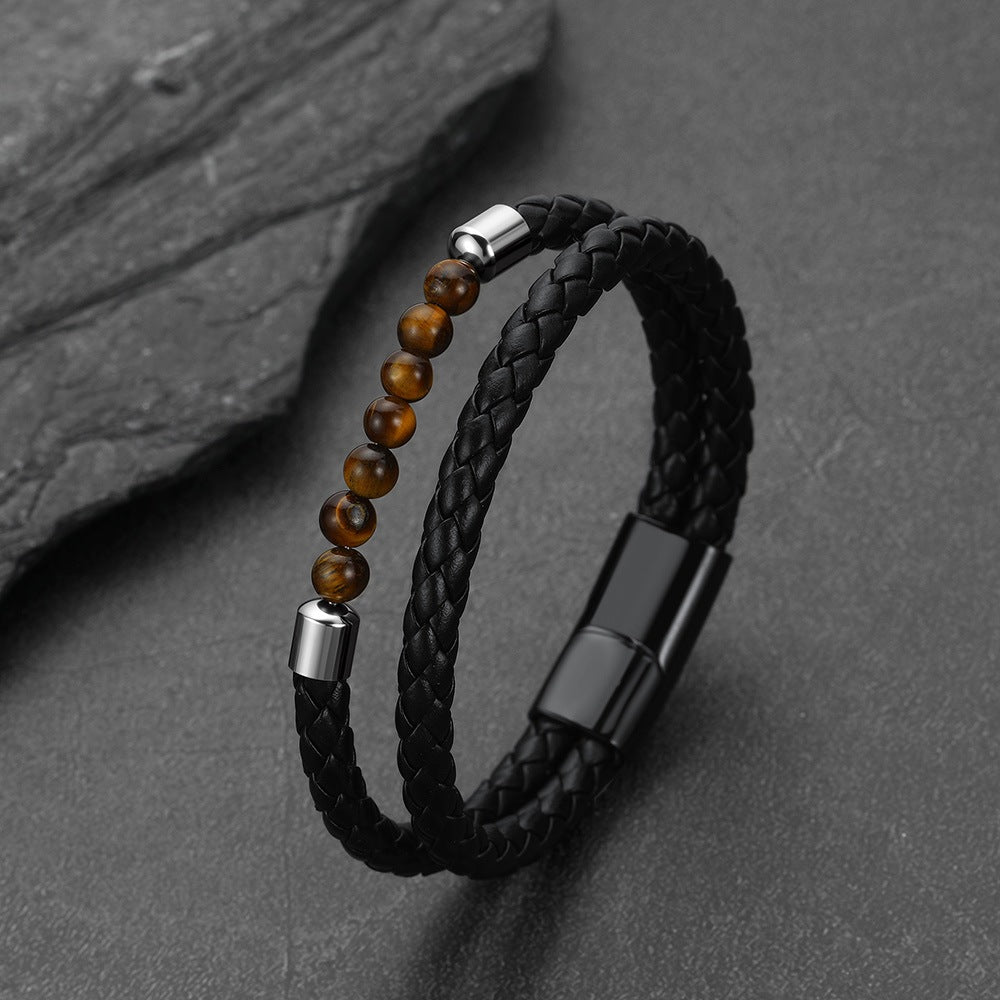 Personalized Tiger Eye Leather Bracelet with Engraved Name