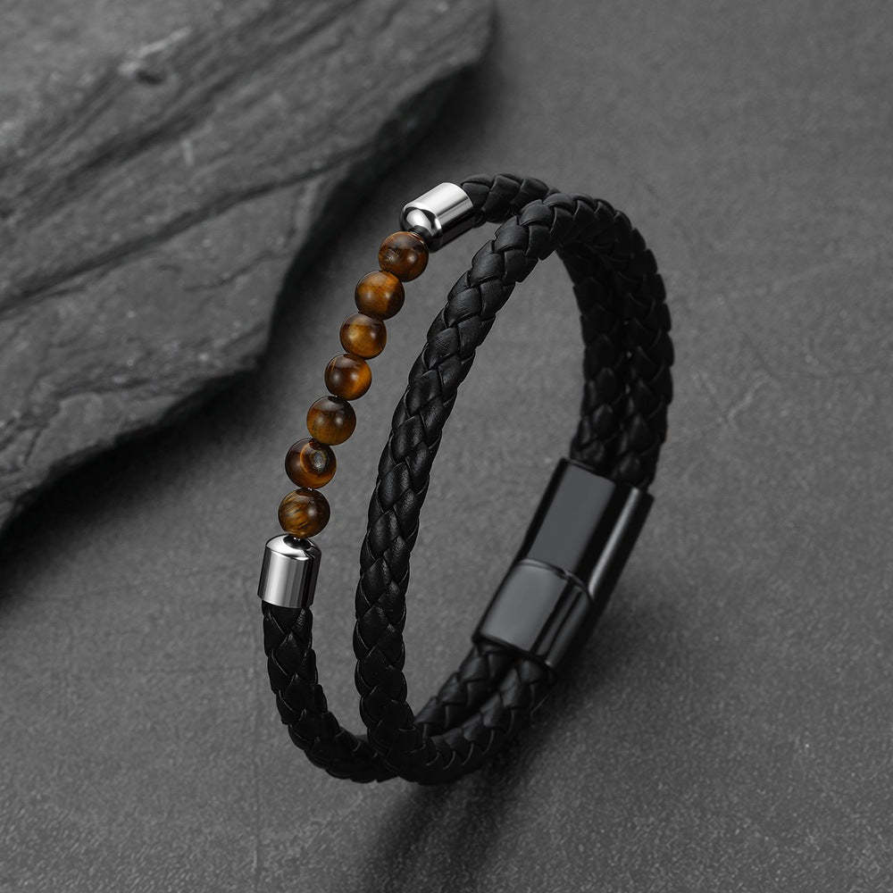 Personalized Tiger Eye Leather Bracelet with Engraved Name