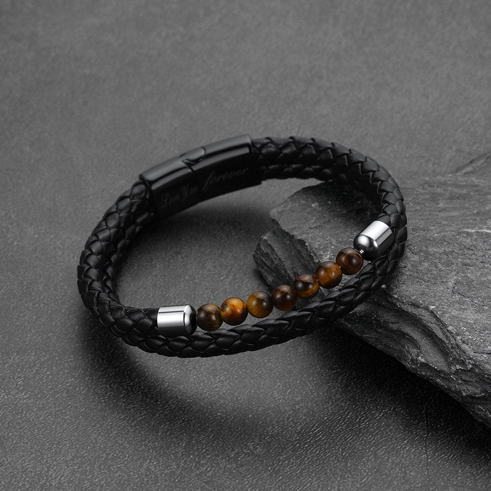 Personalized Tiger Eye Leather Bracelet with Engraved Name Christmas gift