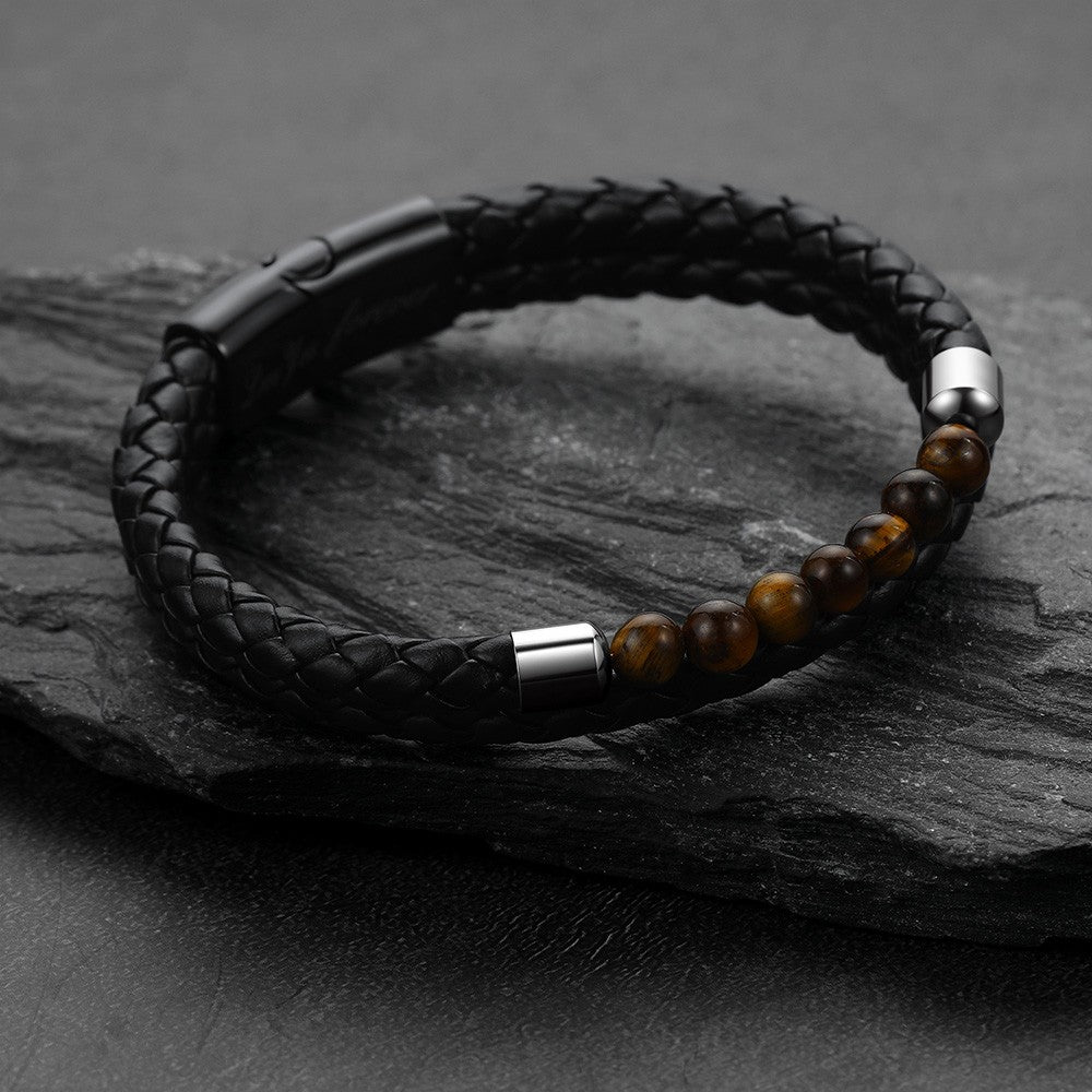 Personalized Tiger Eye Leather Bracelet with Engraved Name for him