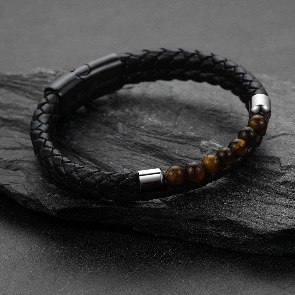 Personalized Tiger Eye Leather Bracelet with Engraved Name for him