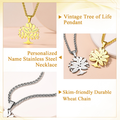 Personalized Tree of Life Pendant Necklace with Engraved Names 