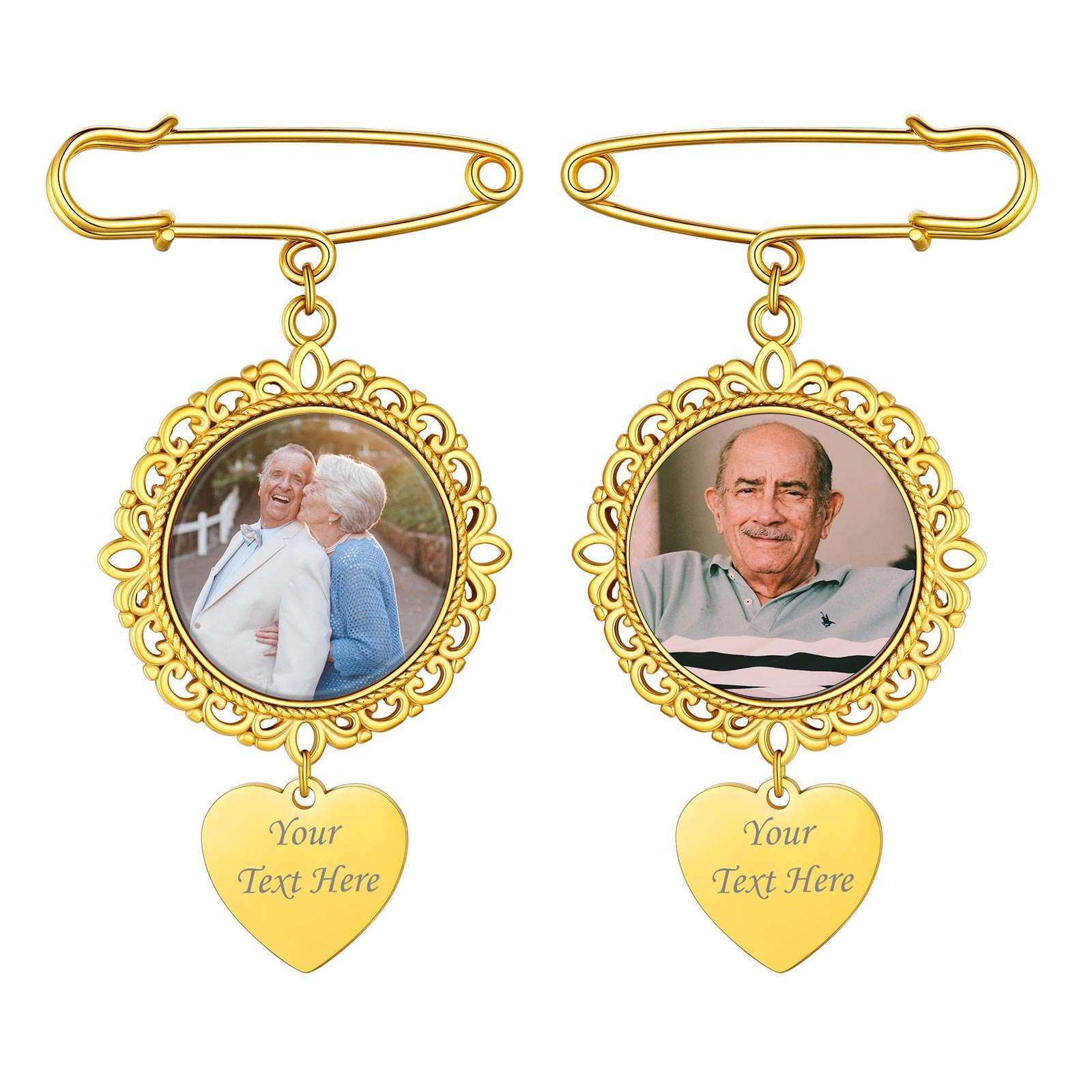 Custom Photo Charms Round Wedding Bouquet Brooch Pins gold 2