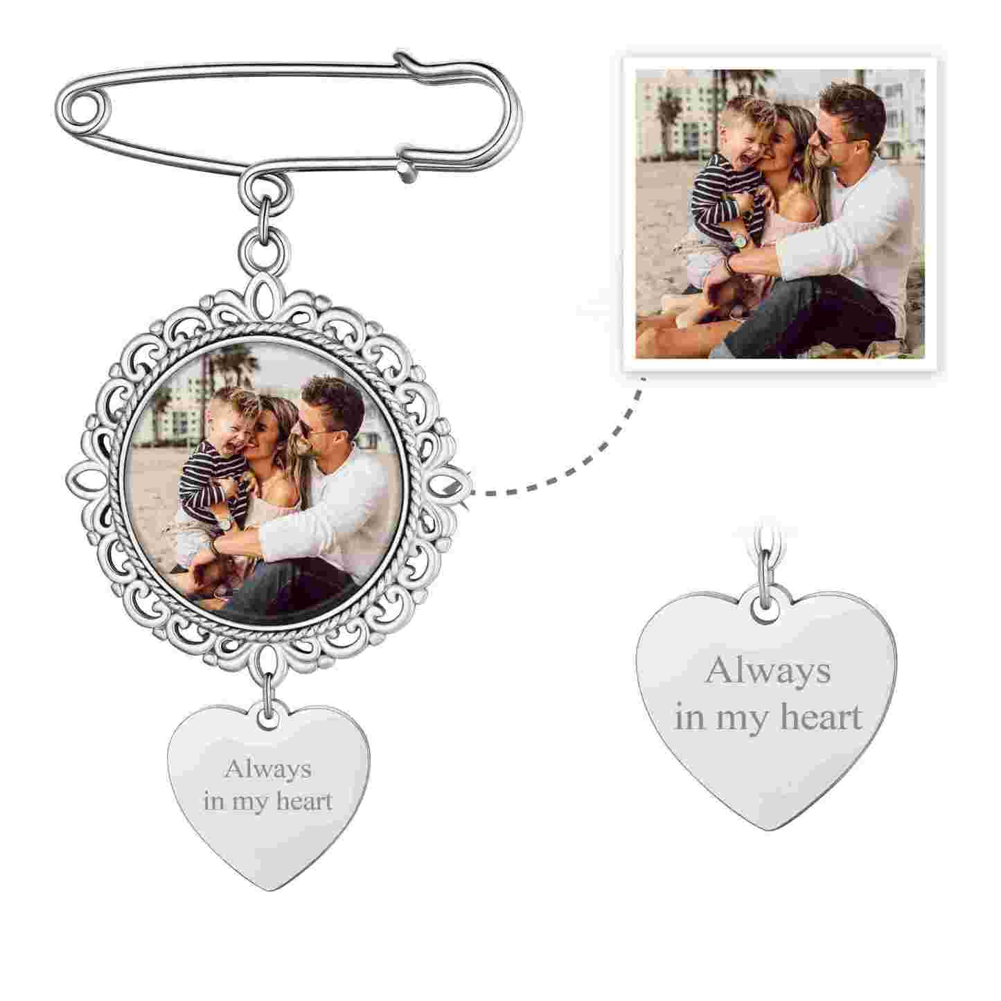 Custom Photo Charms Round Wedding Bouquet Brooch Pins