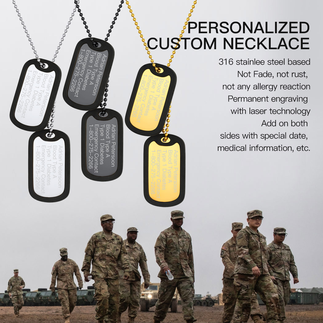 Personalized engraved Army Military Dog Tag Necklace with Silencer for Men