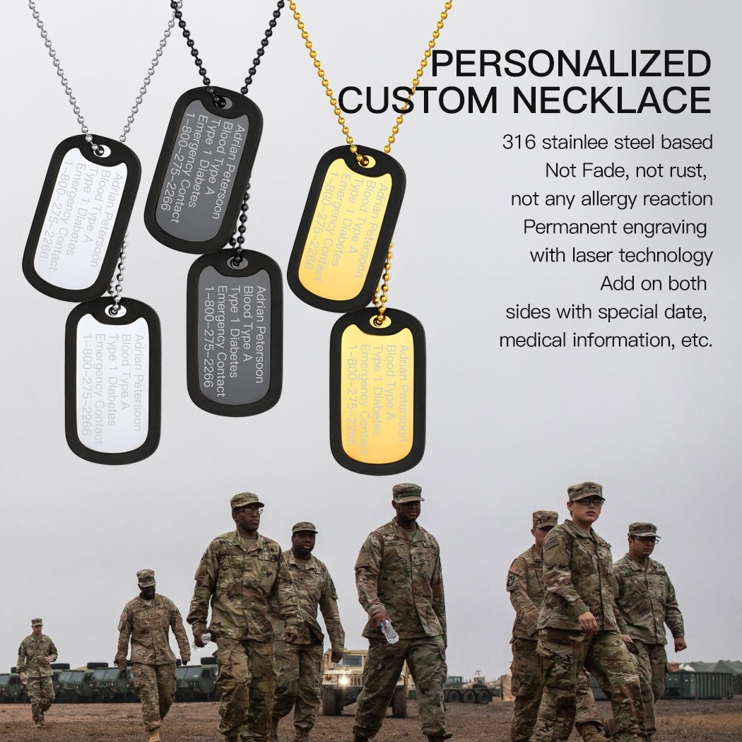 Personalized engraved Army Military Dog Tag Necklace with Silencer for Men