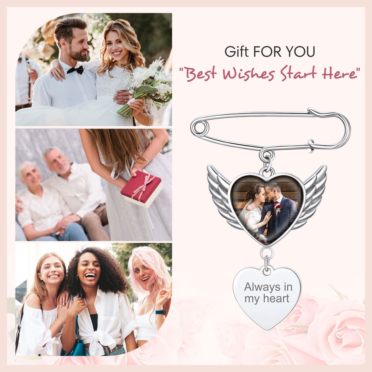 Custom Angel Wing Wedding Bouquet Heart picture Brooch Pins