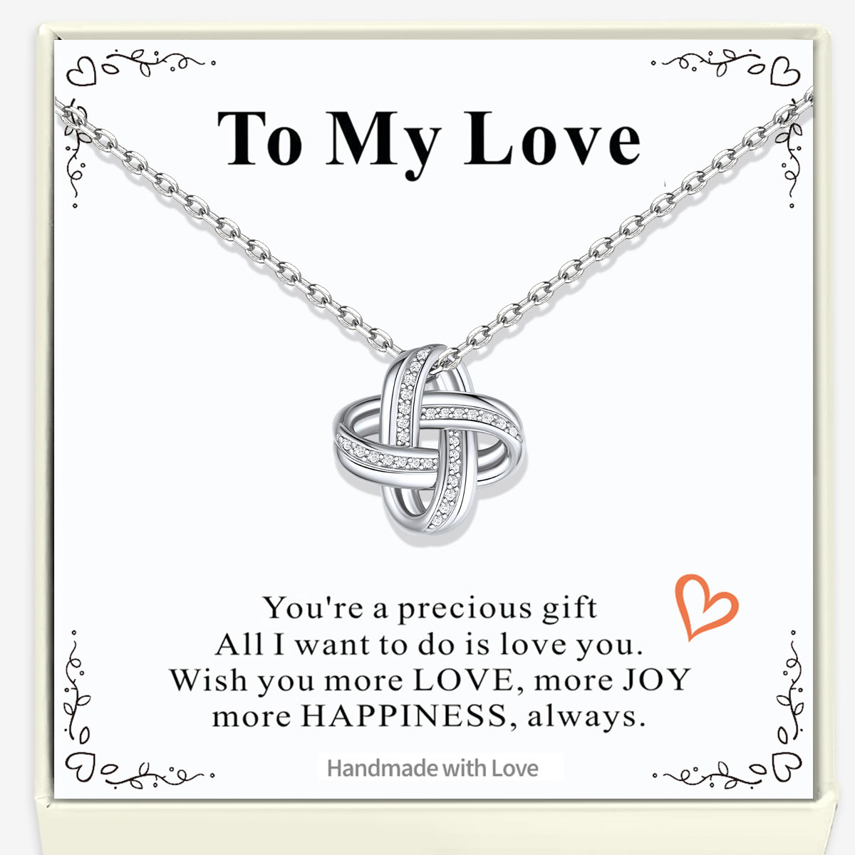 925 Sterling Silver Quadruple Love Knot Necklace with greeting card