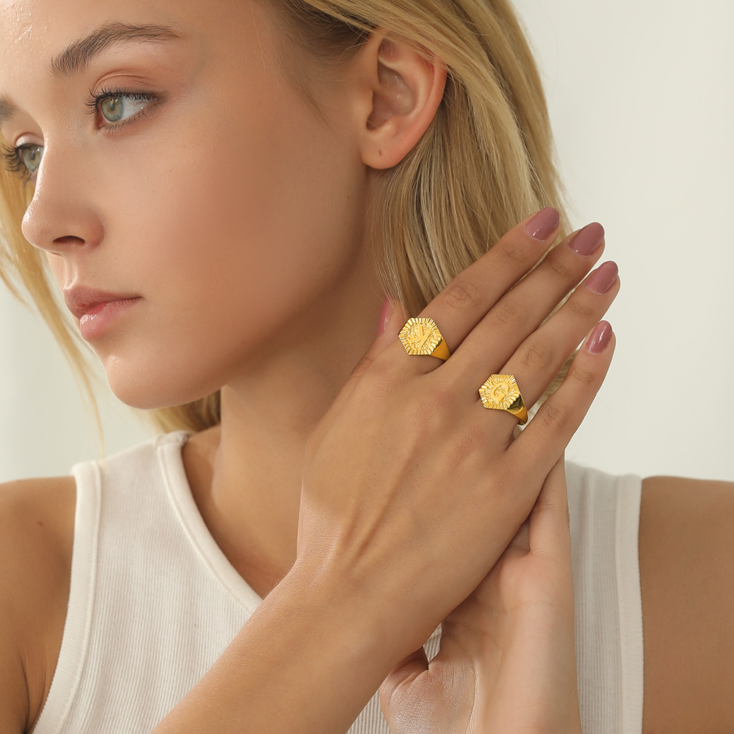 A-Z Letter Initial Ring 18K Gold Plated Statement Hexagon Jewelry model