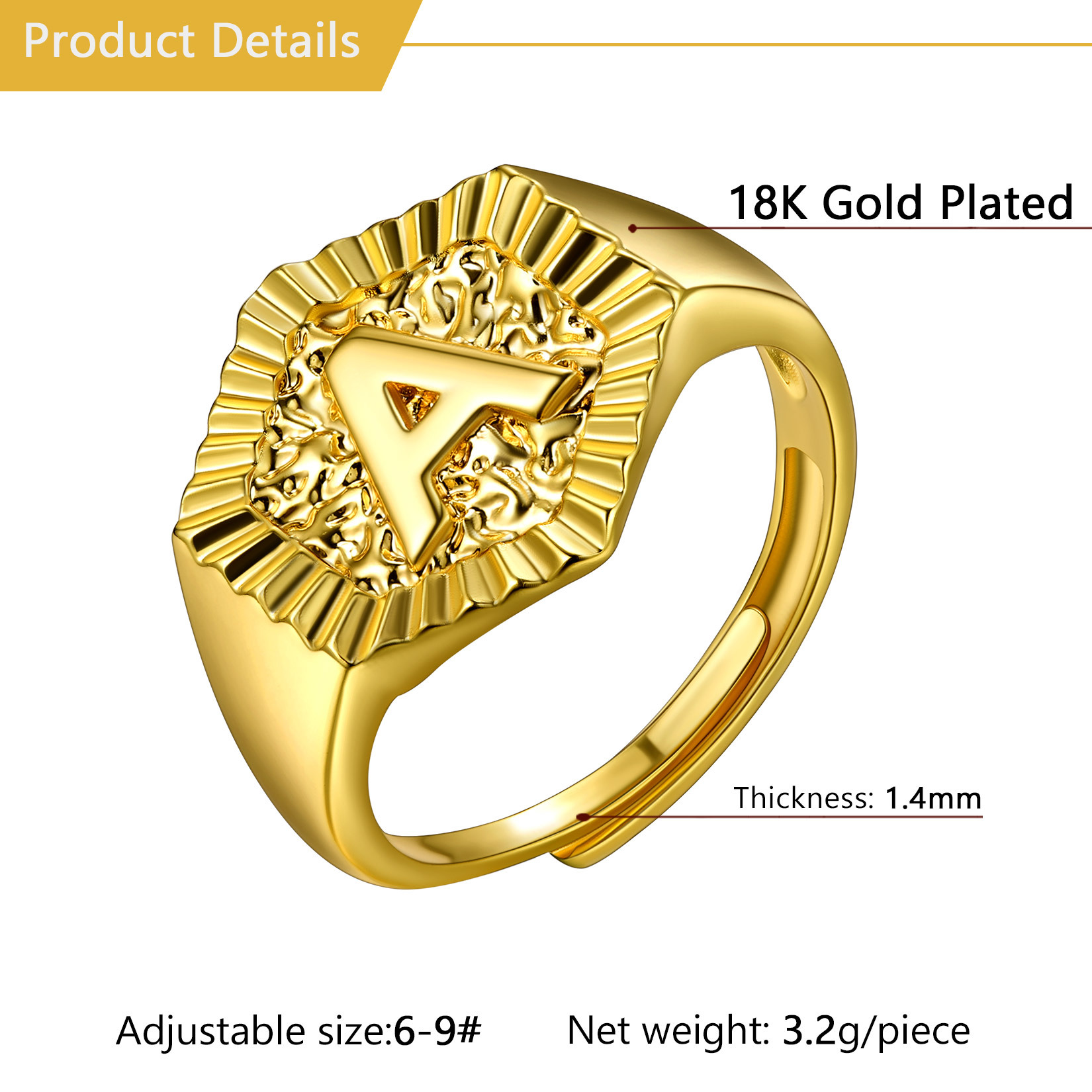 A-Z Letter Initial Ring 18K Gold Plated Statement Hexagon Jewelry