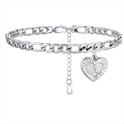 Initial Heart Charm Figaro Anklet for Women
