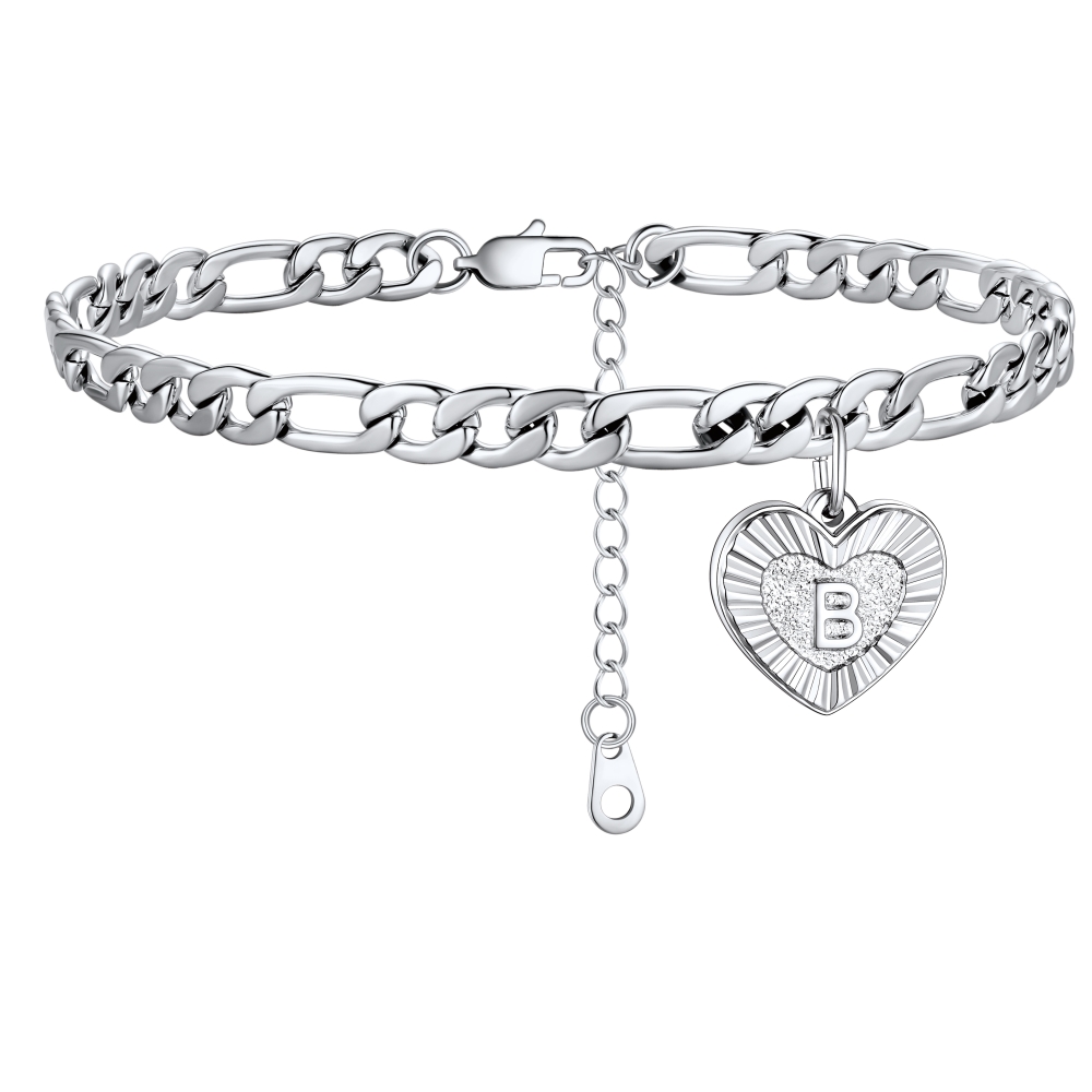 Initial Heart Charm Figaro Anklet for Women