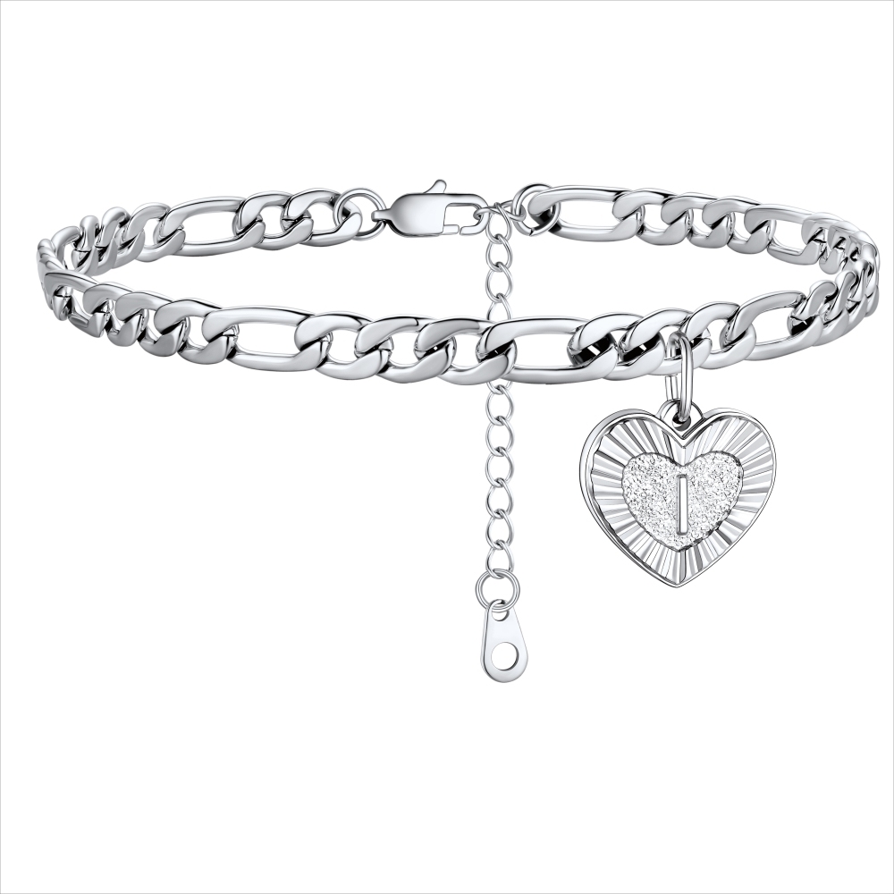 Initial Heart Charm Figaro Anklet for Women