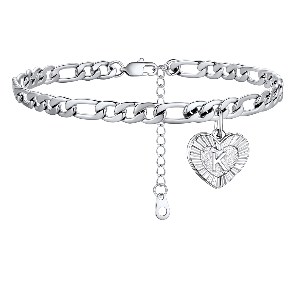 Initial Heart Charm Figaro Anklet for Women