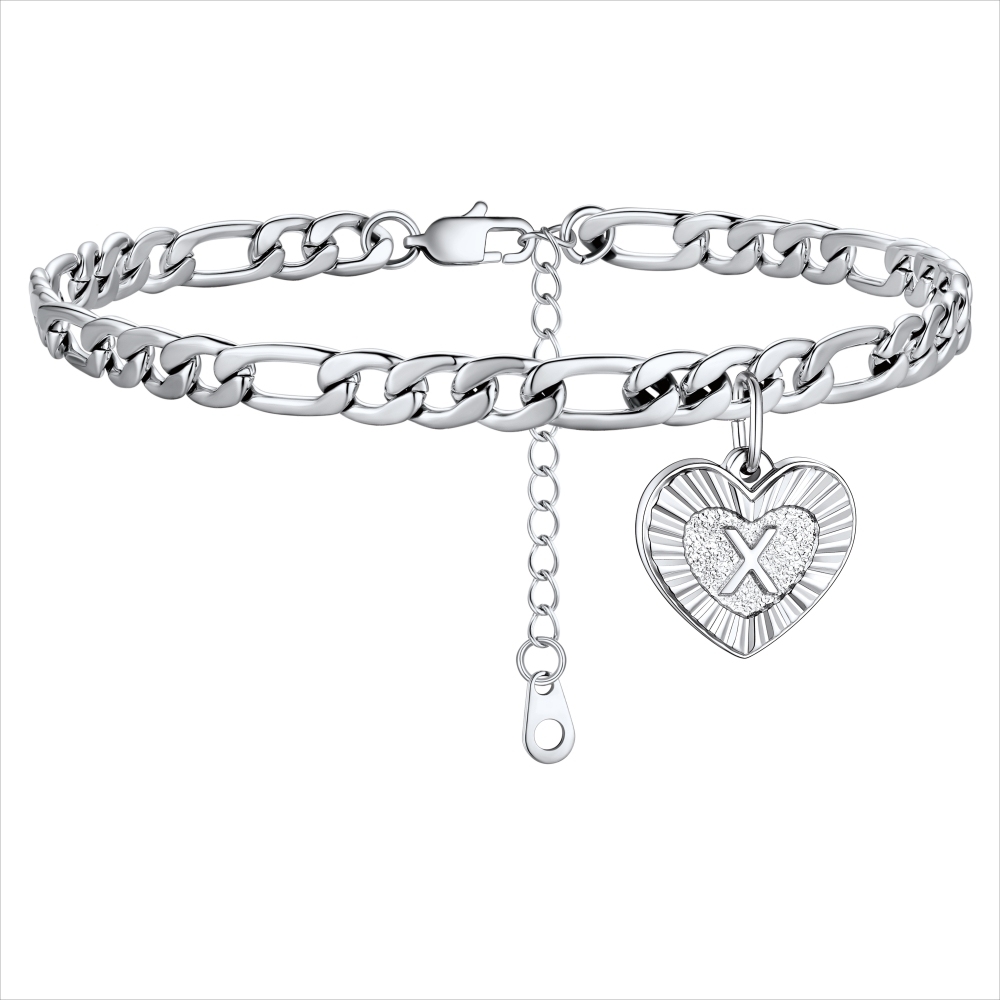 Initial Heart Charm Figaro Anklet for Women