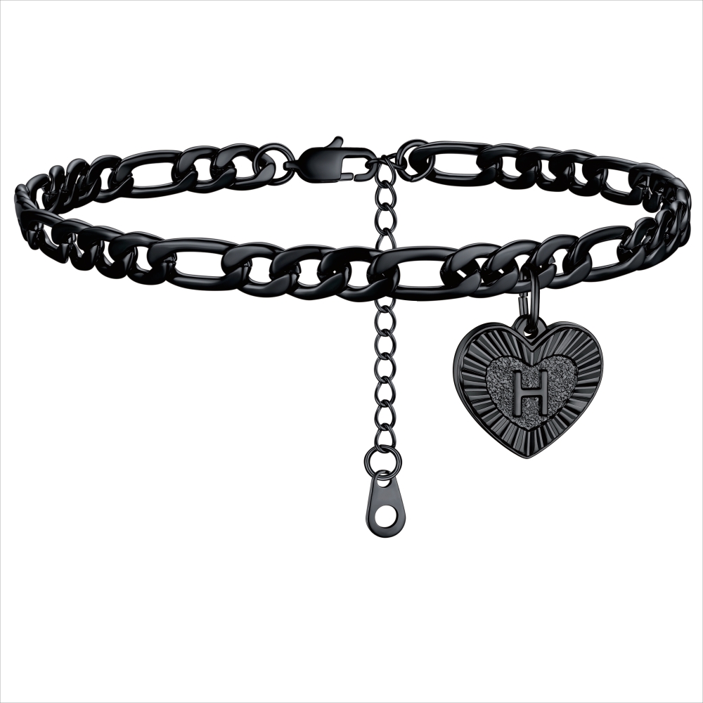 Initial Heart Charm Figaro Anklet for Women