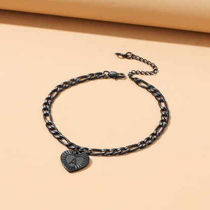 Initial Heart Charm Figaro black Anklet for Women