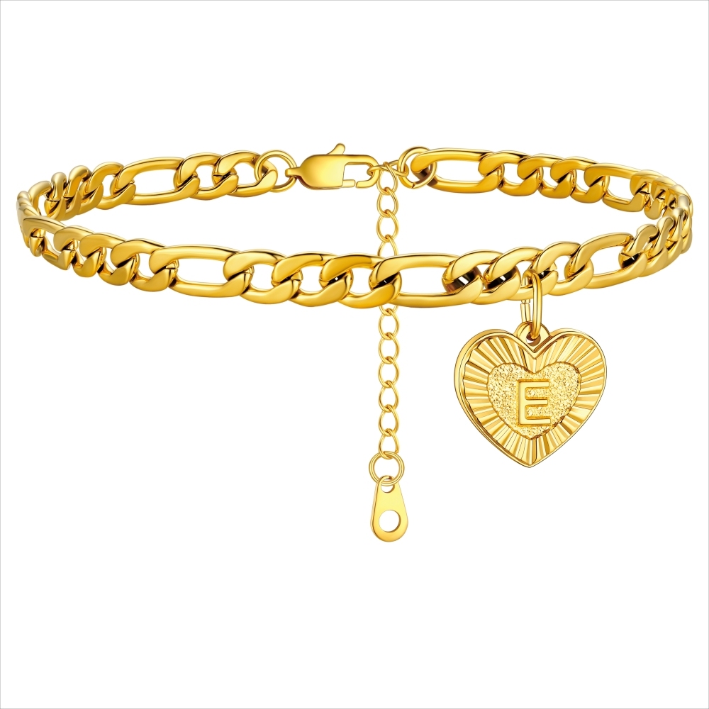 Initial Heart Charm Figaro Anklet for Women