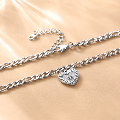 Initial Heart Charm Figaro Anklet silver
