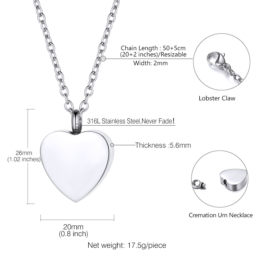 Stainless Steel Heart Cremation Urn Necklace for Human or Pet Ashes