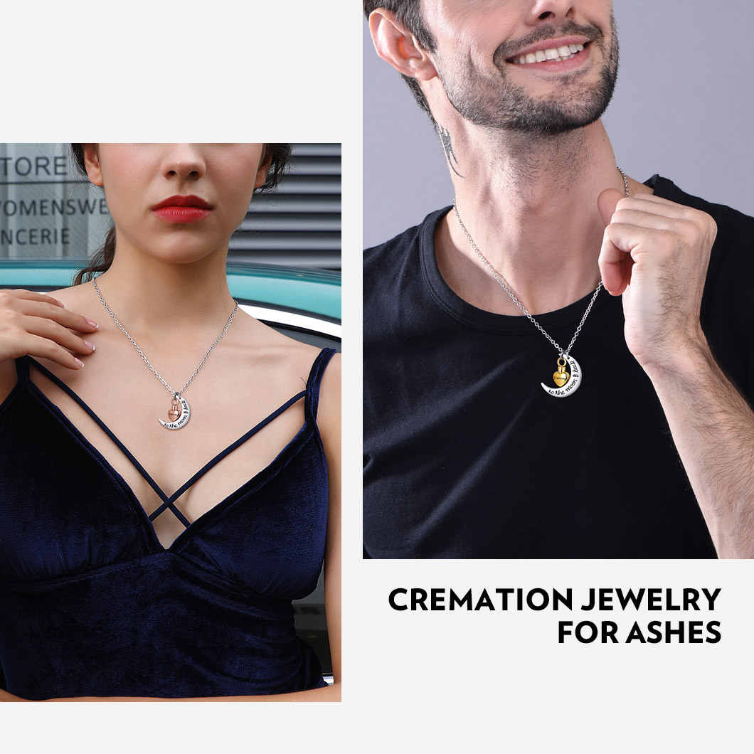 Personalized Moon Heart Urn Necklaces for Ashes Cremation model show