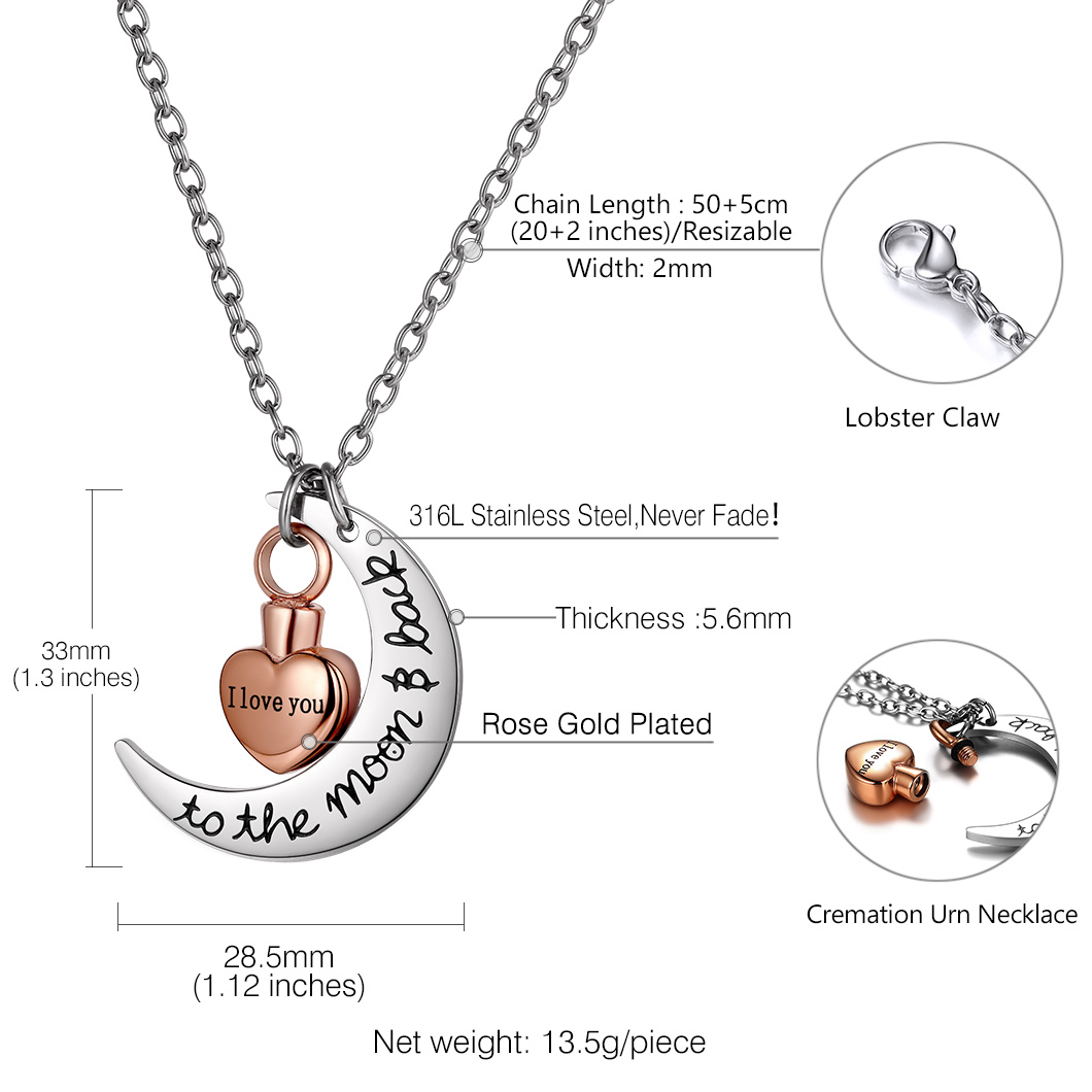 Personalized Moon Heart Urn Necklaces for Ashes Cremation size