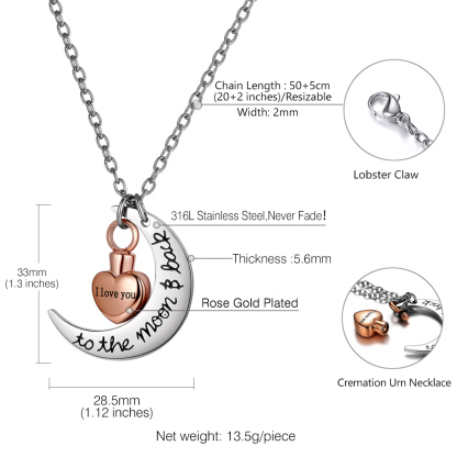 Personalized Moon Heart Urn Necklaces for Ashes Cremation size