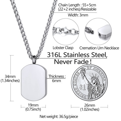 Urn Cremation Pendant Necklace for Ashes Dog Tag Memorial Jewelry DETAIL