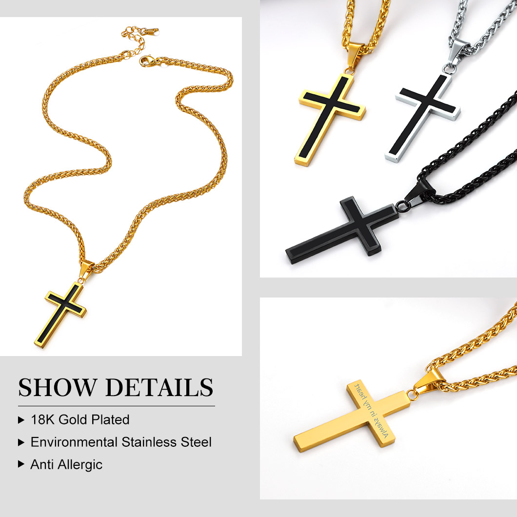 Custom Engravable Cross Necklace for Men With Wheat Chain