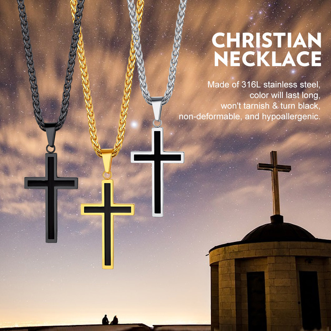 Custom Engravable Cross Necklace for Men With Wheat Chain