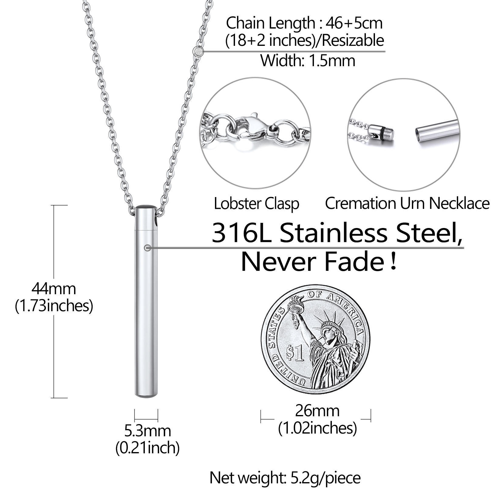 Custom Engraved Cremation Urn Necklace for Ashes size