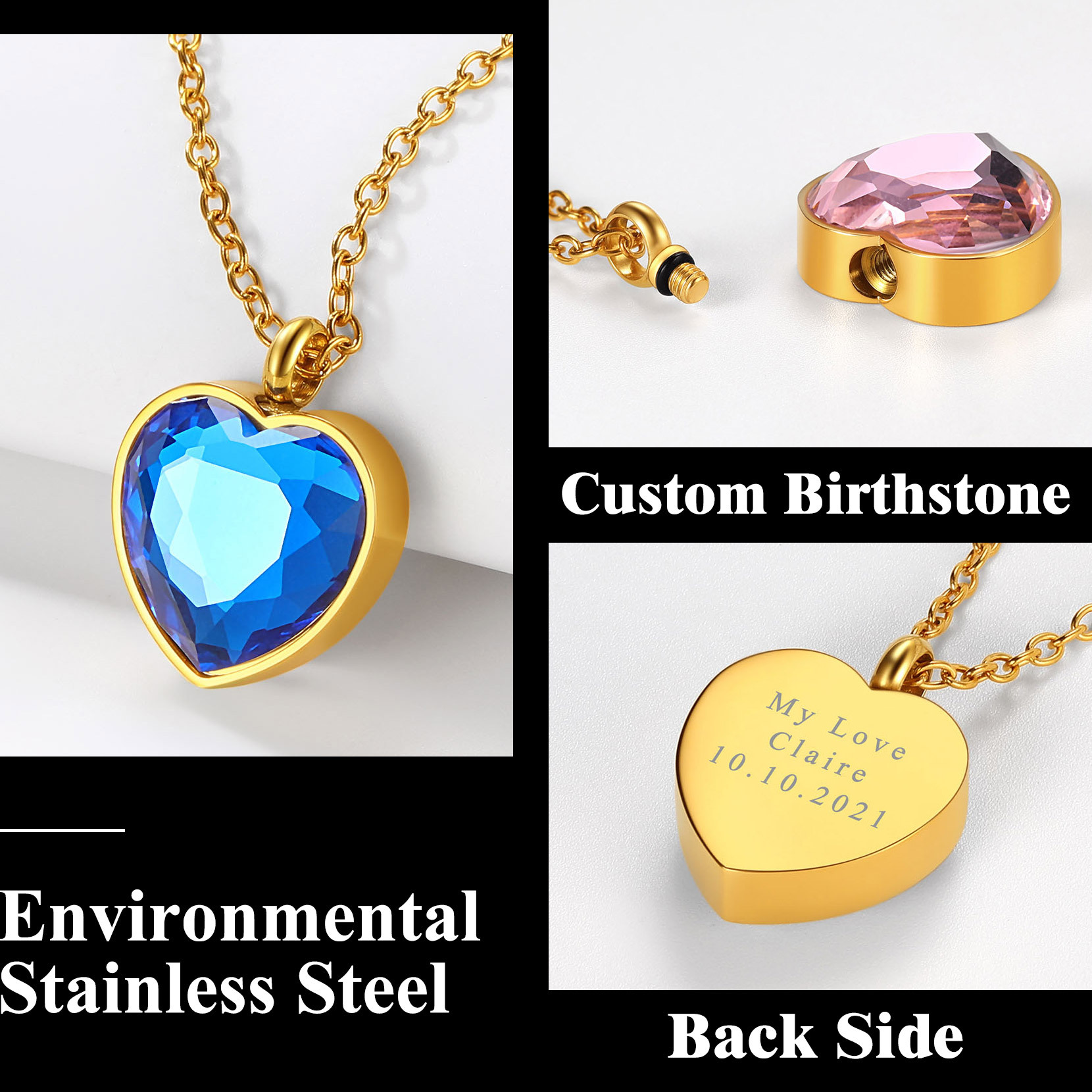 Custom Birthstone Heart Shaped Urn Necklaces for Ashes ENGRAVED