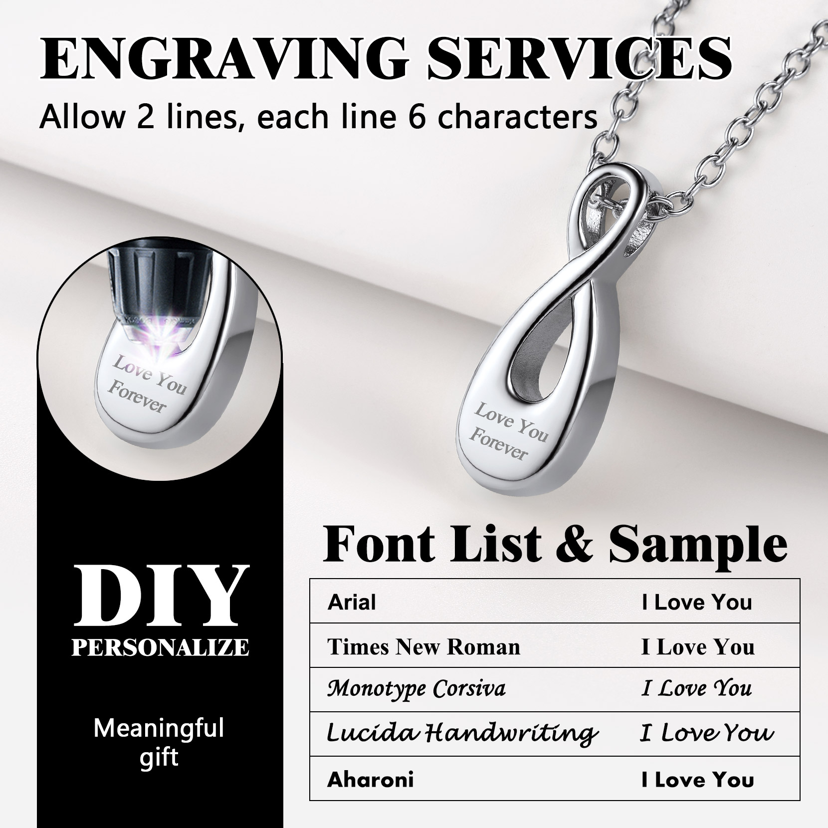 Custom Engraved Urn Cremation Infinity Necklace for Ashes 5 fonts