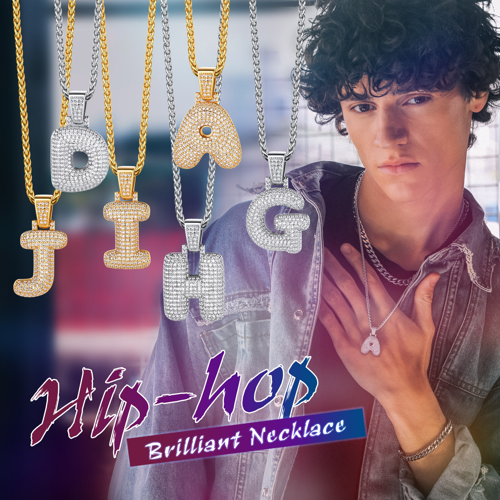 Custom Bubble Initial CZ Diamond Pendant Necklace with Letter