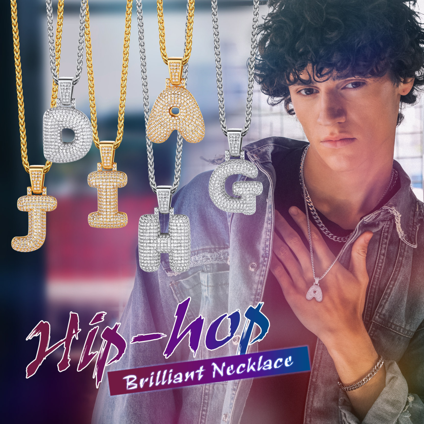 Custom Bubble Initial CZ Diamond Pendant Necklace with Letter