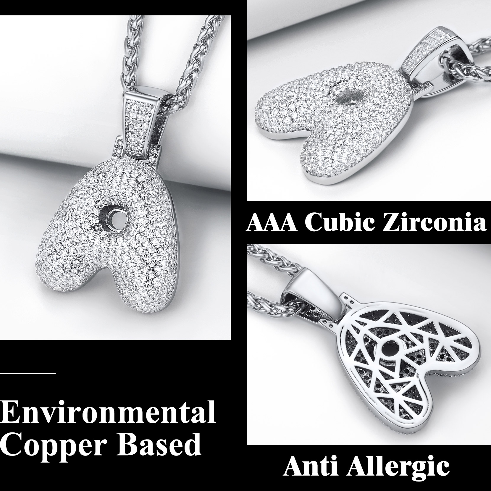 Custom Bubble Initial CZ Diamond Pendant Necklace with Letter