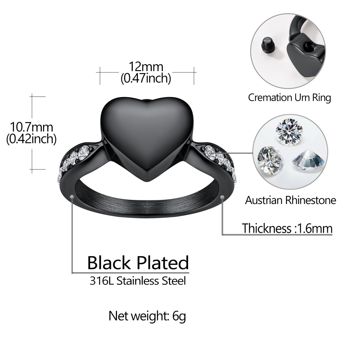 Personalized Stainless Steel Heart Cremation Urn Ring for Ashes Size