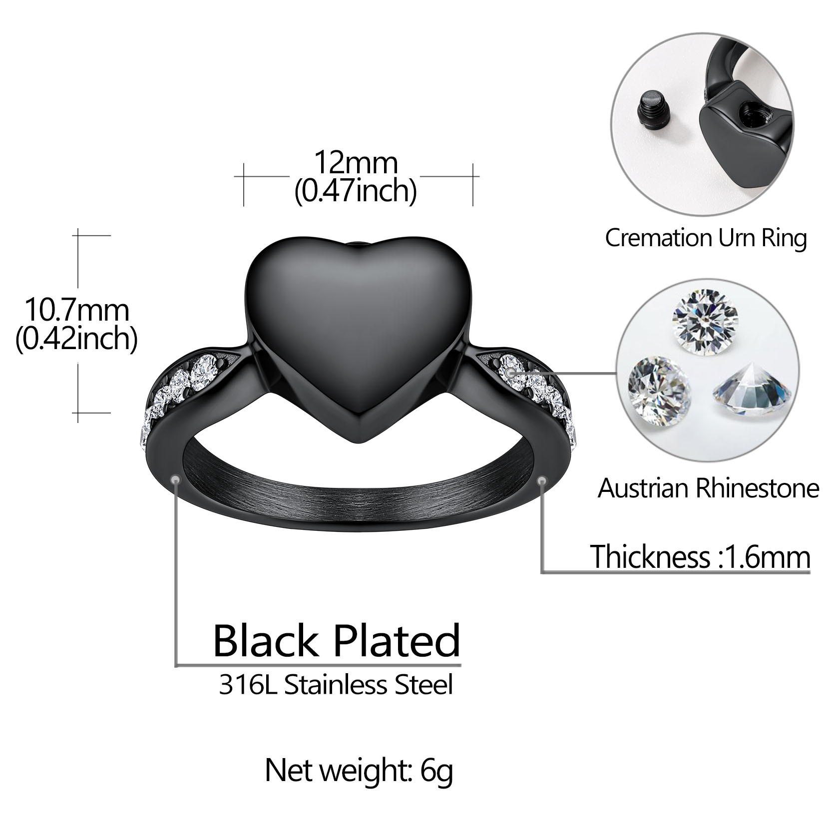 Personalized Stainless Steel Heart Cremation Urn Ring for Ashes Size