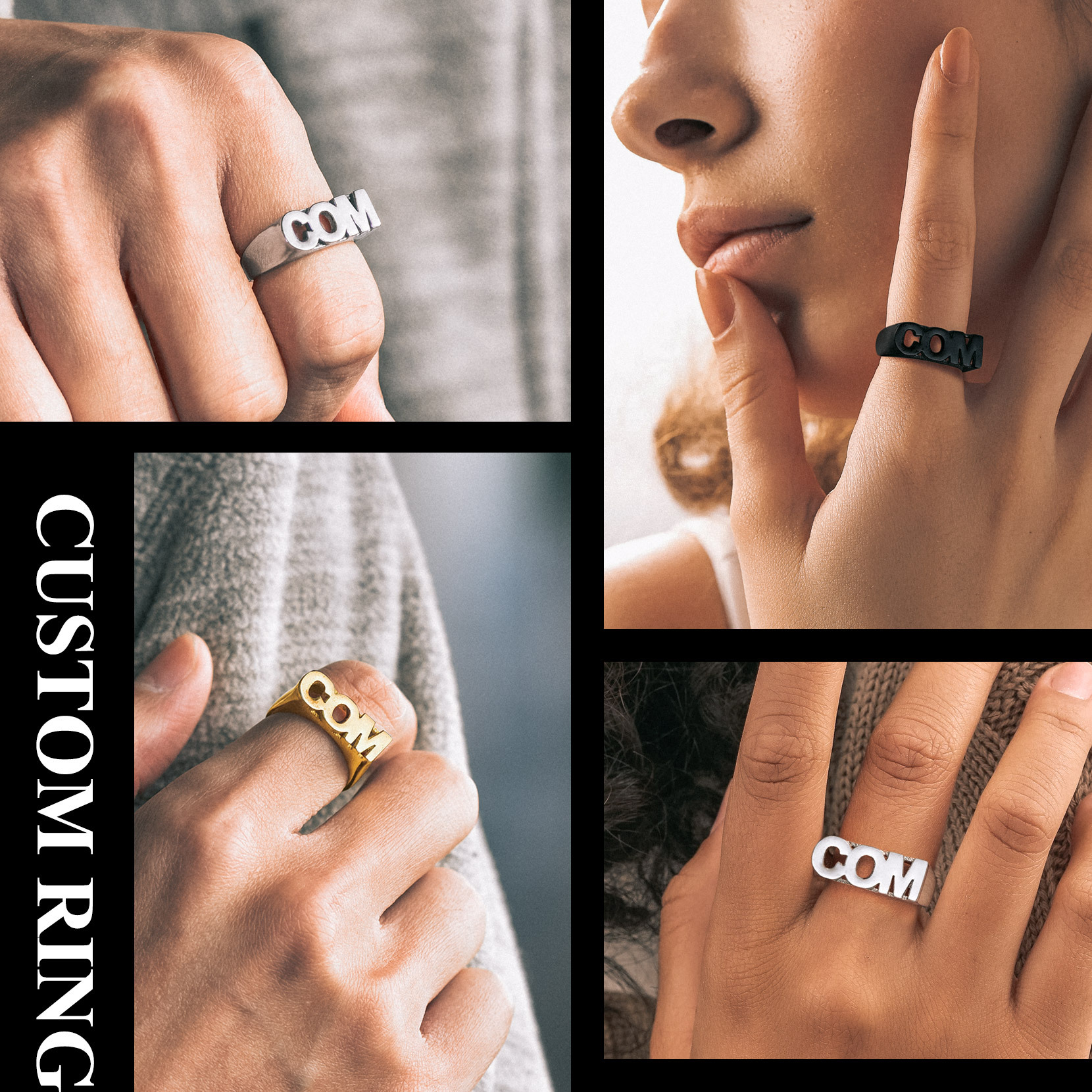 Custom Name Number Signet Rings for Women model show