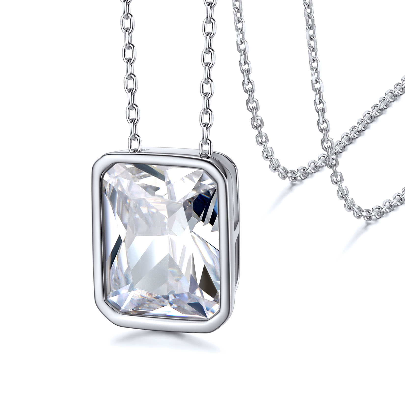 Rectangle T-Shaped Pendant Necklace with White CZ 925 Silver