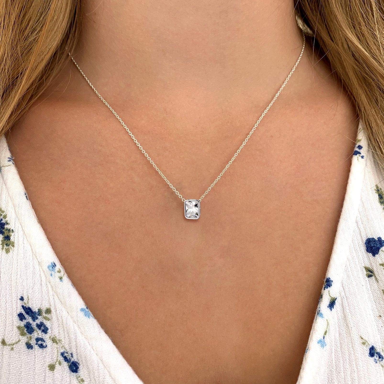 Rectangle T-Shaped Pendant Necklace with White CZ 925 Silver for women