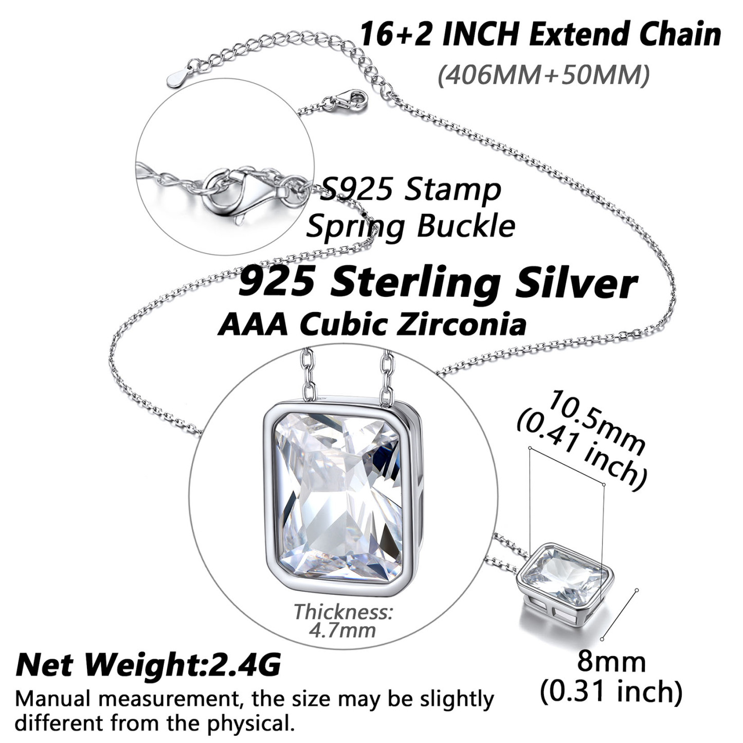 Rectangle T-Shaped Pendant Necklace with White CZ 925 Silver size