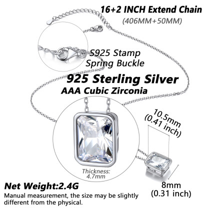 Rectangle T-Shaped Pendant Necklace with White CZ 925 Silver size