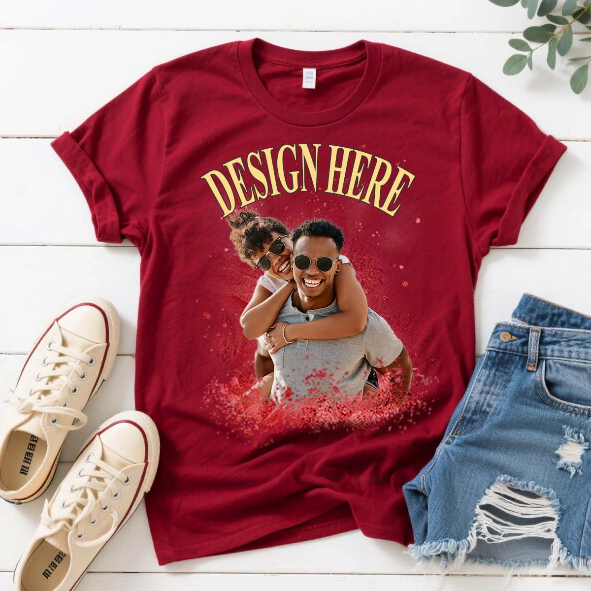 Red Photo and Text T-Shirts for Women Men