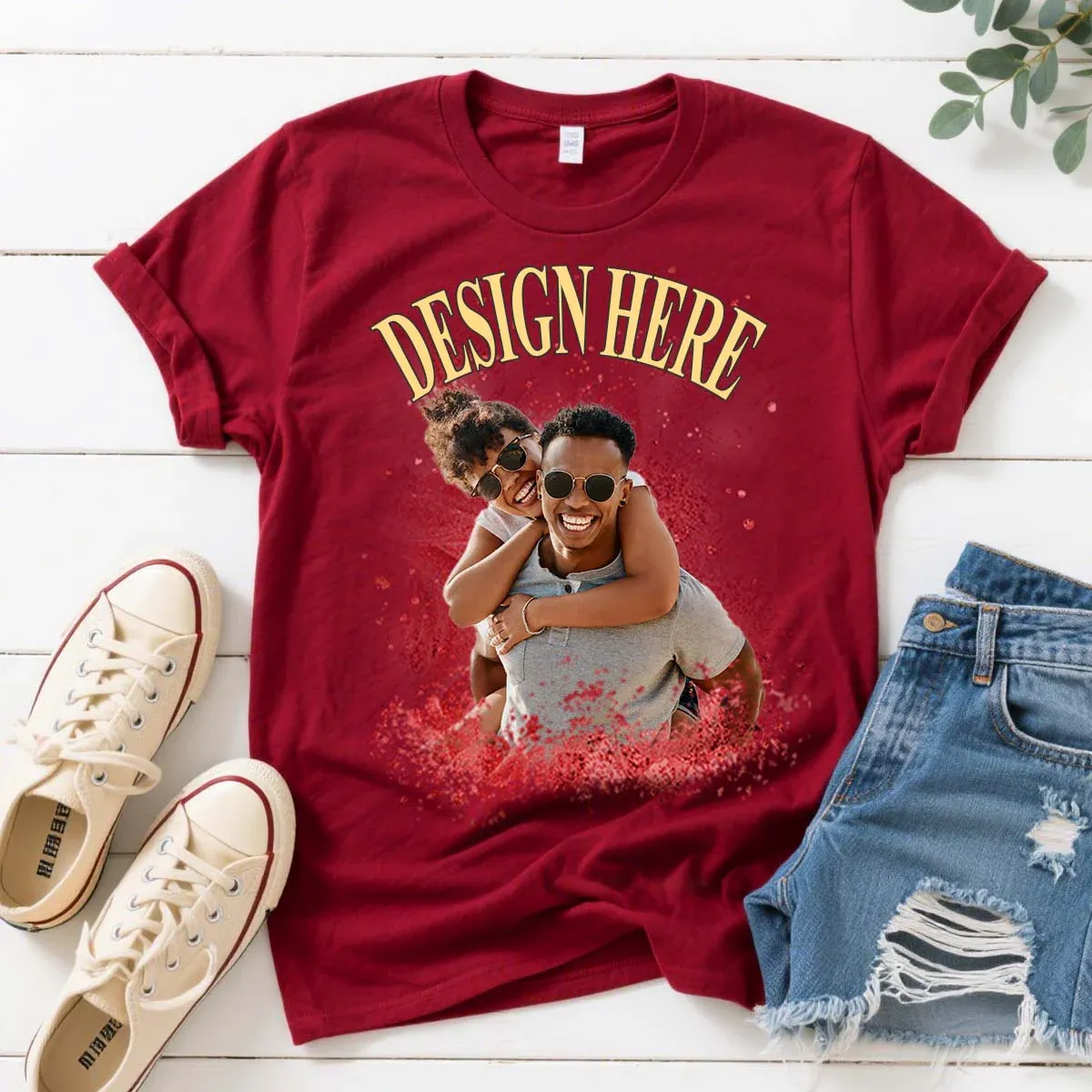 Red Photo and Text T-Shirts for Women Men