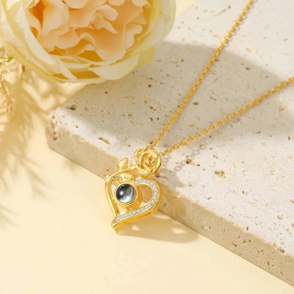 Rose Heart Photo Projection Necklace in gold plated
