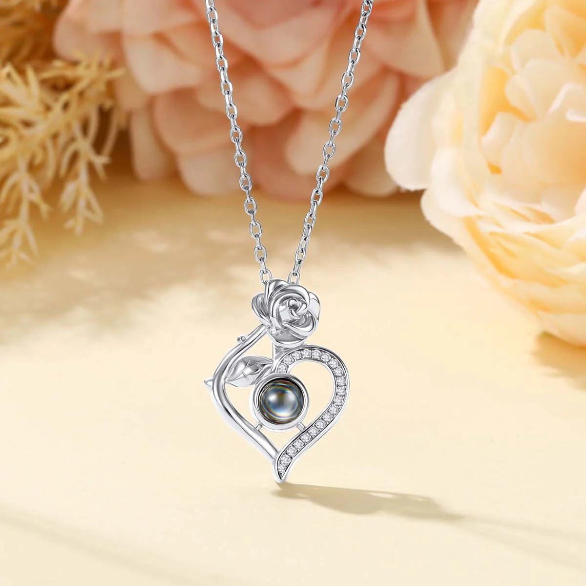Rose Heart Photo Projection Necklace silver