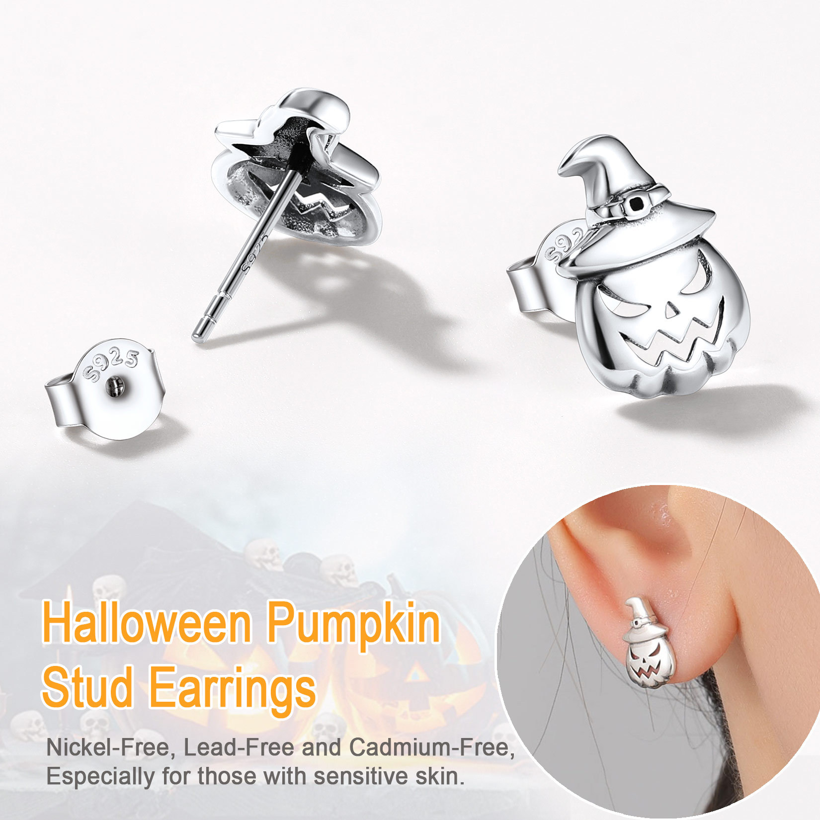 S925 Silver Pumpkin Jack Earrings halloween
